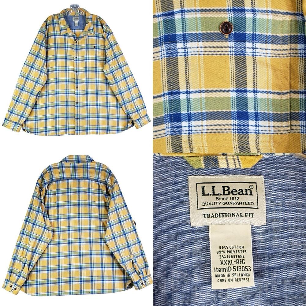 LL Bean Shirt Mens Yellow Plaid Flannel Long Sleeve Button Down Size 3XL